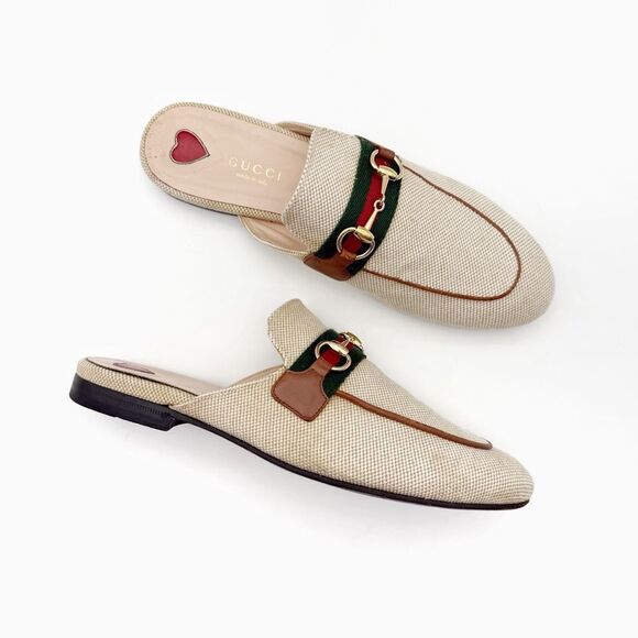 Gucci Shoes - GUCCI Princetown Beige Canvas Mule Size 36.5 Horsebit Slip On Loafer Web Stripe